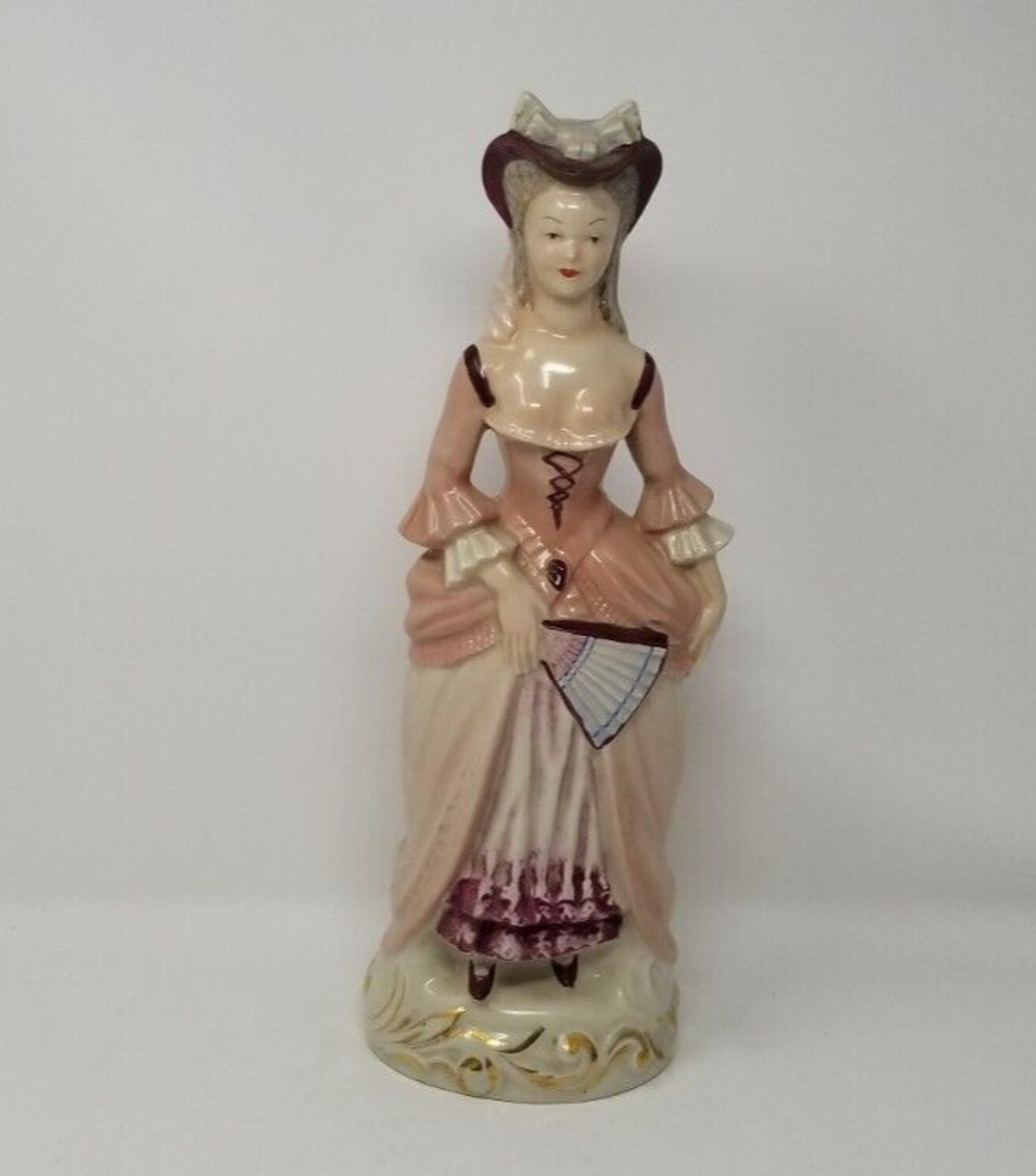 Vintage Cordey Porcelain Victorian Lady w Fan Statue Figure Pink Mauve 16" Tall